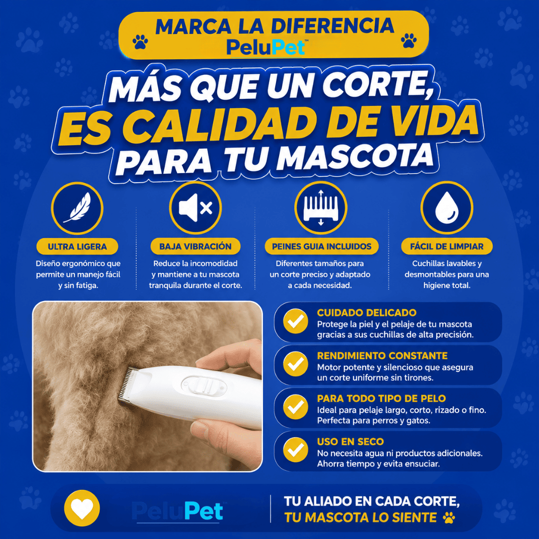 PeluPet™ Cortadora de Pelo para Mascotas Silenciosa y Profesional
