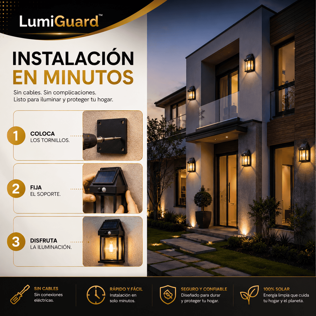 Pack de 2 LumiGuard™ Focos Solares LED Luz Cálida con Sensor de Movimiento para Exterior