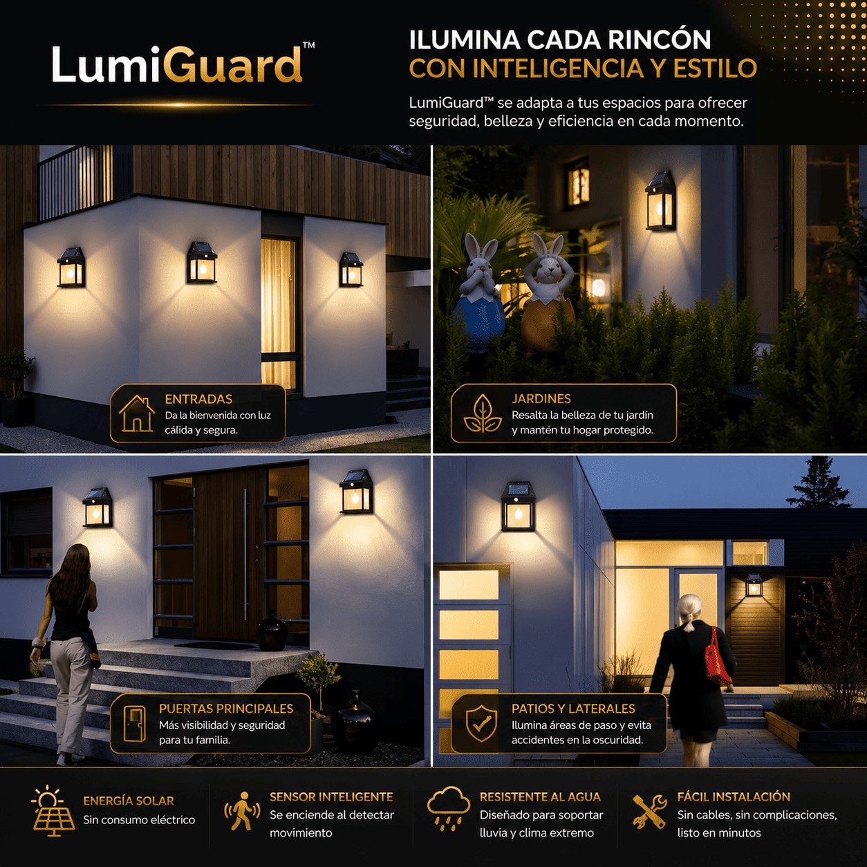 Pack de 2 LumiGuard™ Focos Solares LED Luz Cálida con Sensor de Movimiento para Exterior