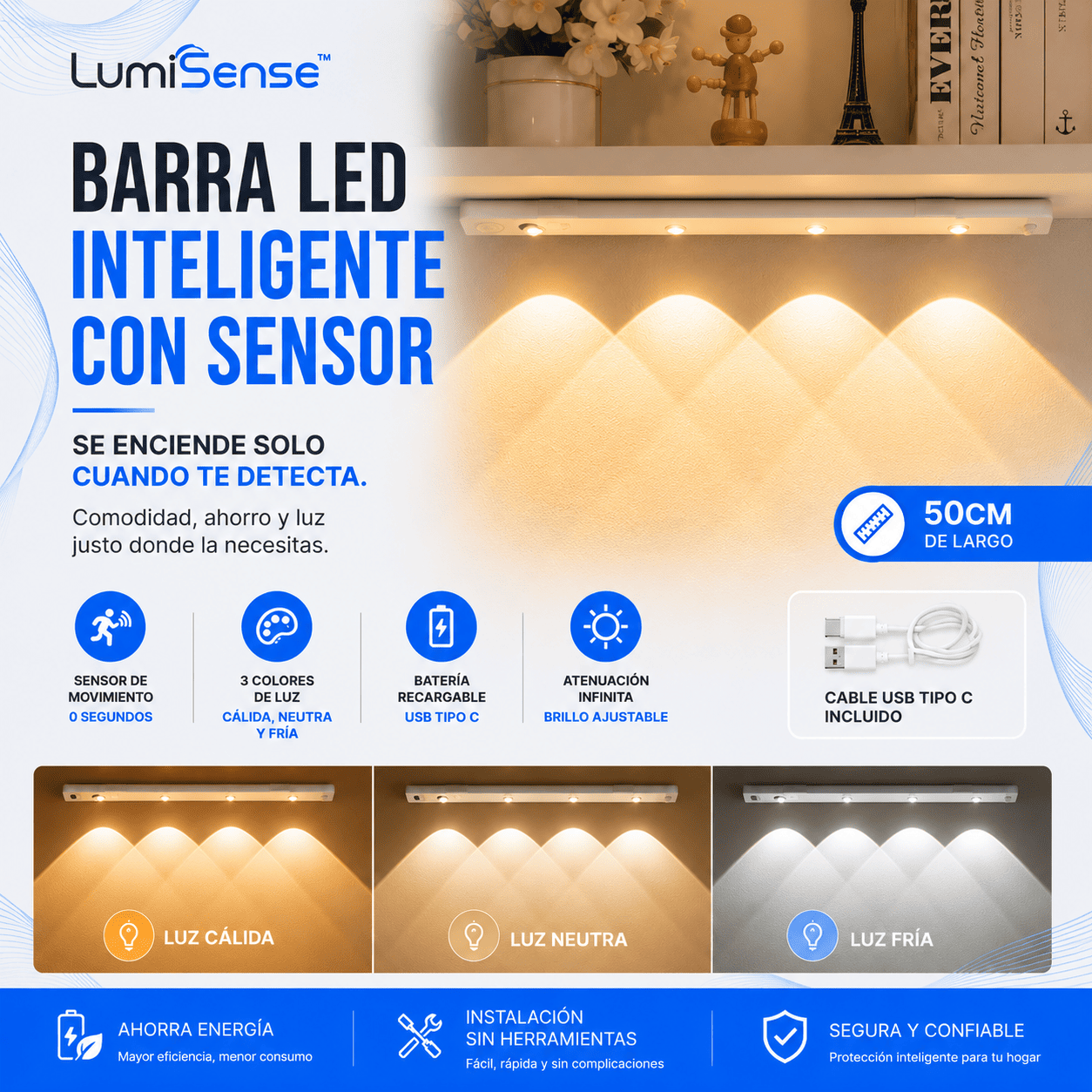 LumiSense™ Barra LED Inteligente con Sensor de Movimiento 50 cm