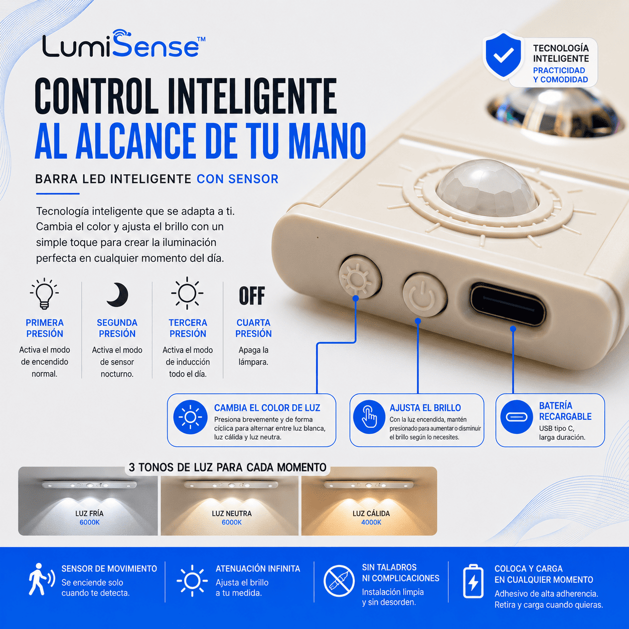 LumiSense™ Barra LED Inteligente con Sensor de Movimiento 50 cm