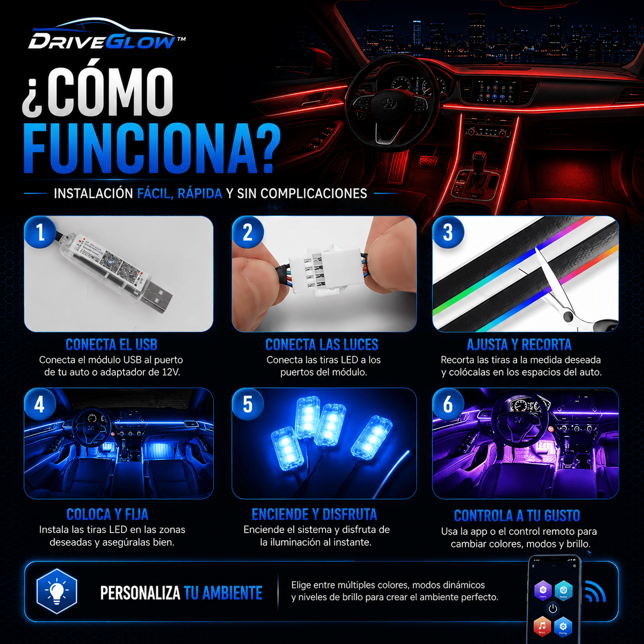 DriveGlow™ Cinta Led Pro para Auto con Control