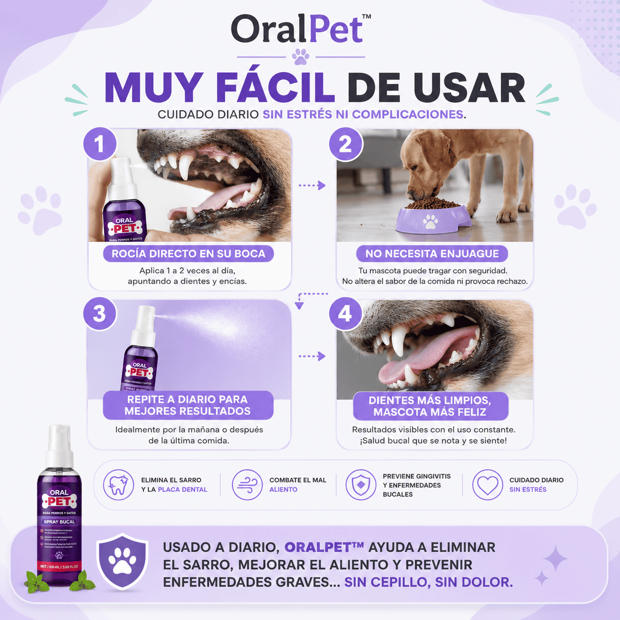 OralPet™ Spray Para Higiene Bucal de Mascotas Elimina el Sarro y Mal Aliento