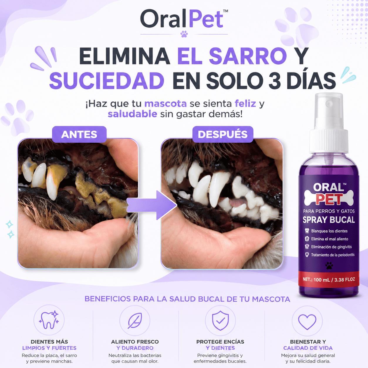 OralPet™ Spray Para Higiene Bucal de Mascotas Elimina el Sarro y Mal Aliento
