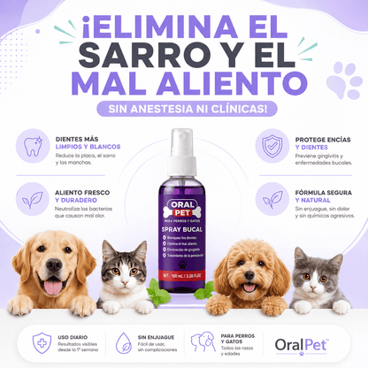 OralPet™ Spray Para Higiene Bucal de Mascotas Elimina el Sarro y Mal Aliento