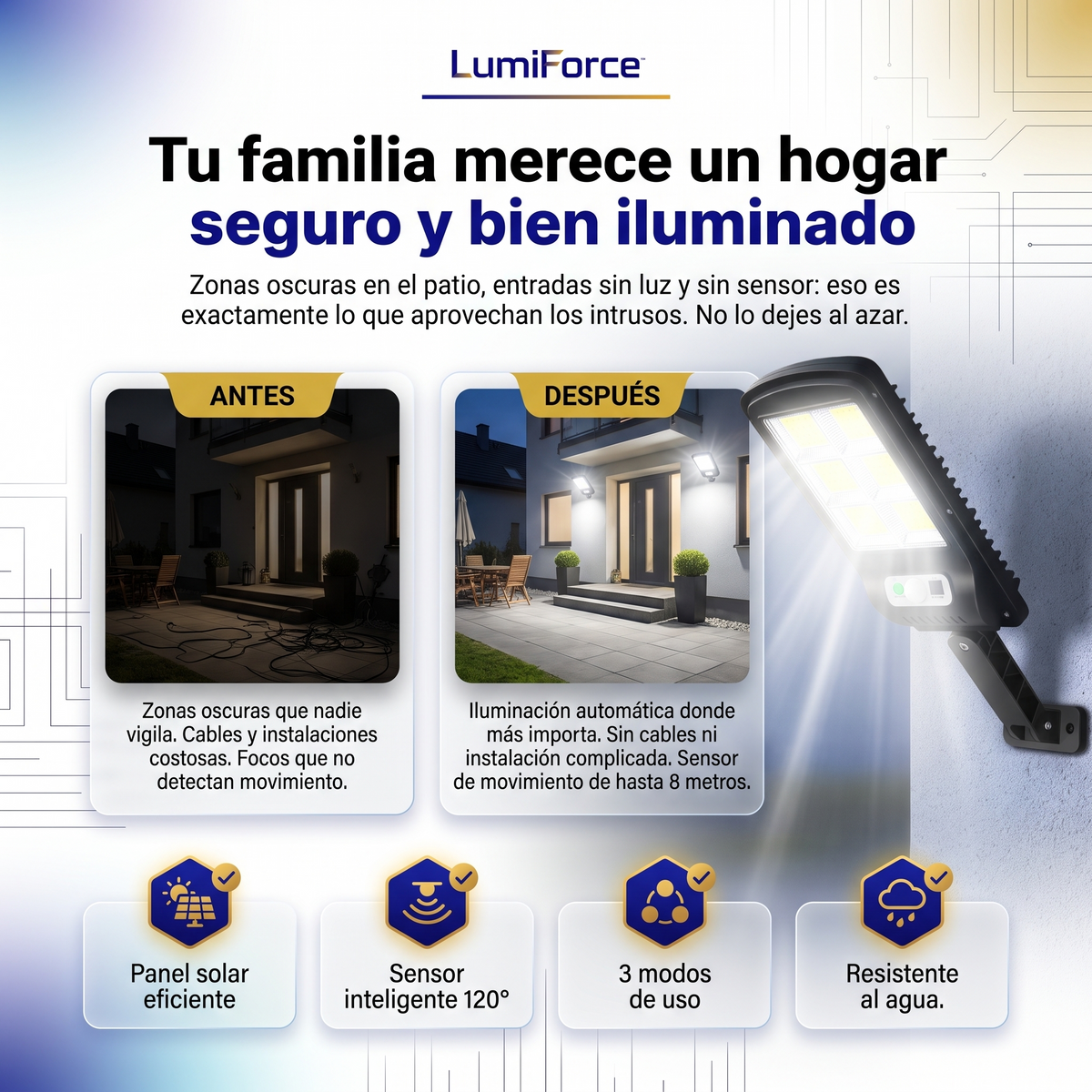 LumiForce™ Pack De 3 Focos LED Solares Para Exterior Con Sensor De Movimiento